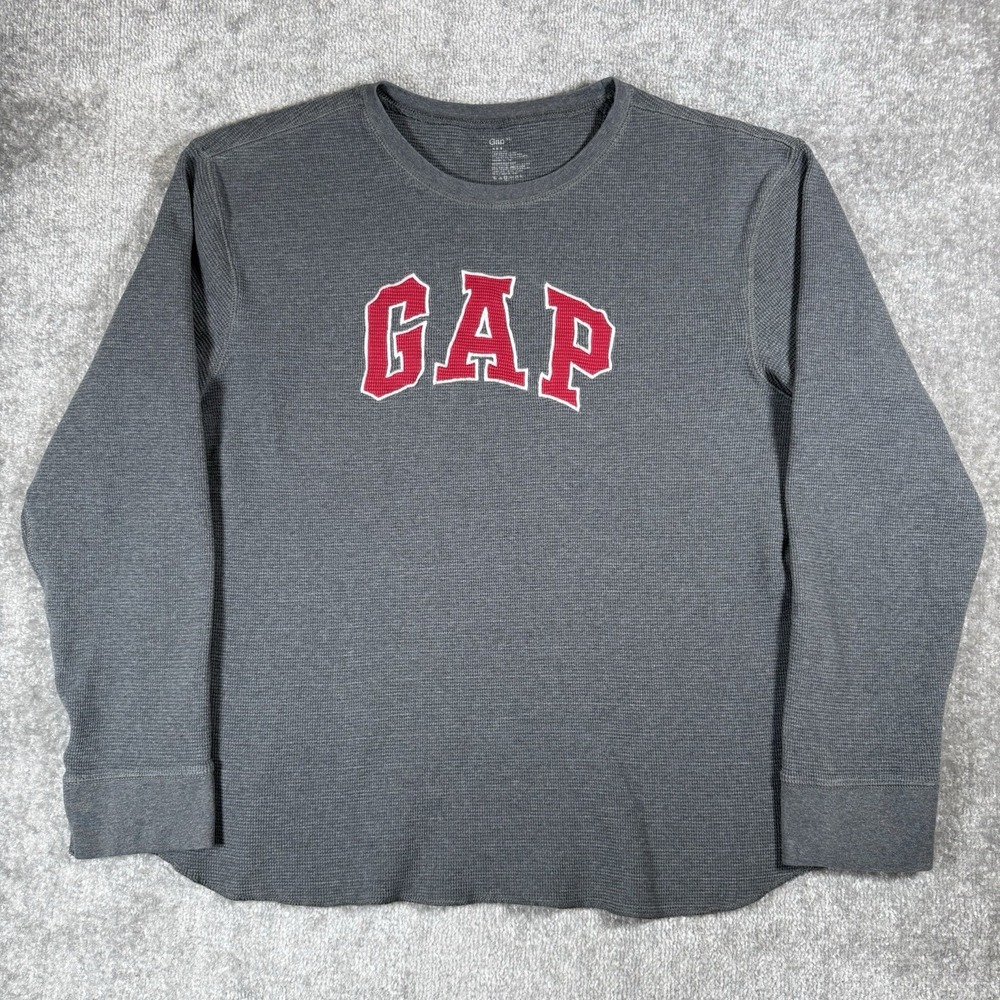 Gap Shirt Men's XL Gray Thermal Waffle Knit Logo Long Sleeve Crew Neck